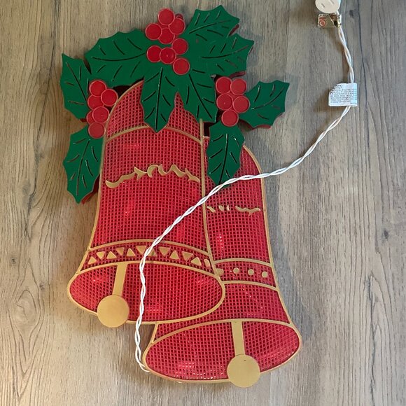 MCM Bells and Holly 2-Sided Christmas Light-Up Window Vintage Decor 17" Plastic! - Picture 1 of 3